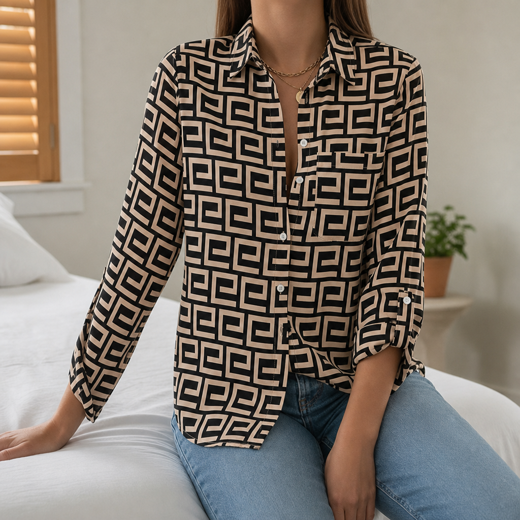Modica Geometric Print Blouse in Khaki