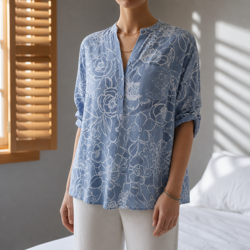 Astypalaia Floral V-Neck Blouse in Light Blue