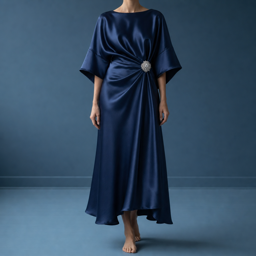 Salamanca Ruched Satin Midi Dress in Midnight Blue