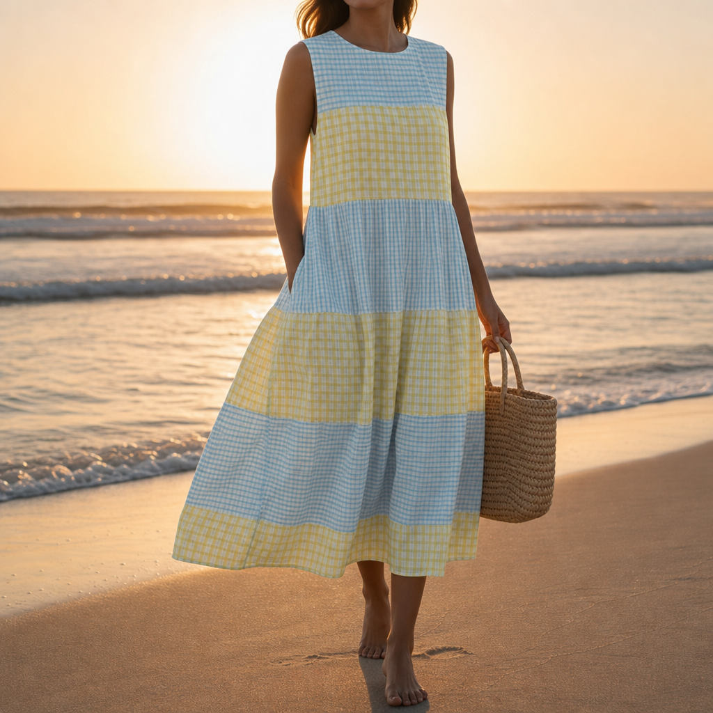 Lefkada Plaid Tiered Midi Dress in Multicolor 1
