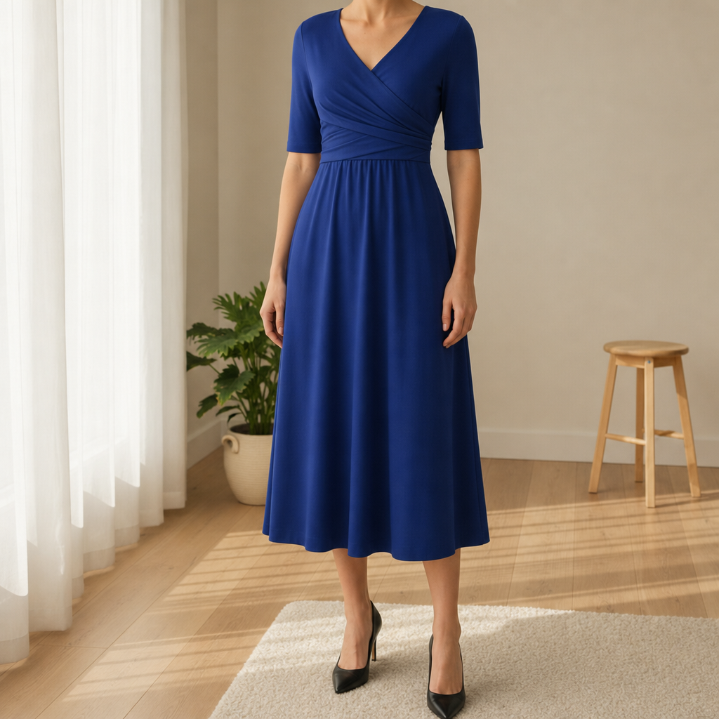 Rethymno Crossover Bodice Midi Dress in Navy Blue