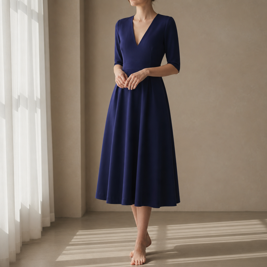 Gaeta Deep V Satin Midi Dress in Navy Blue
