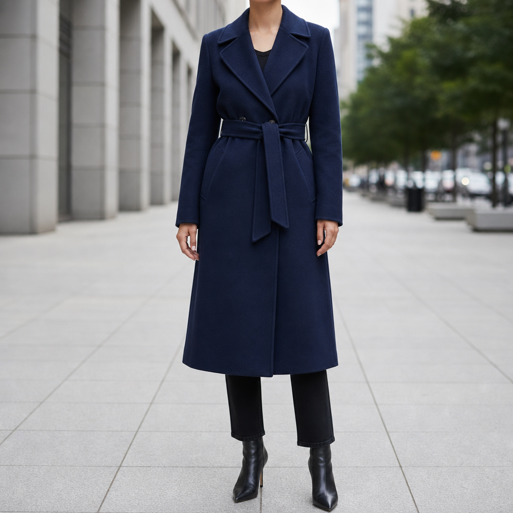 Gallipoli Belted Wool-Blend Overcoat in Navy Blue