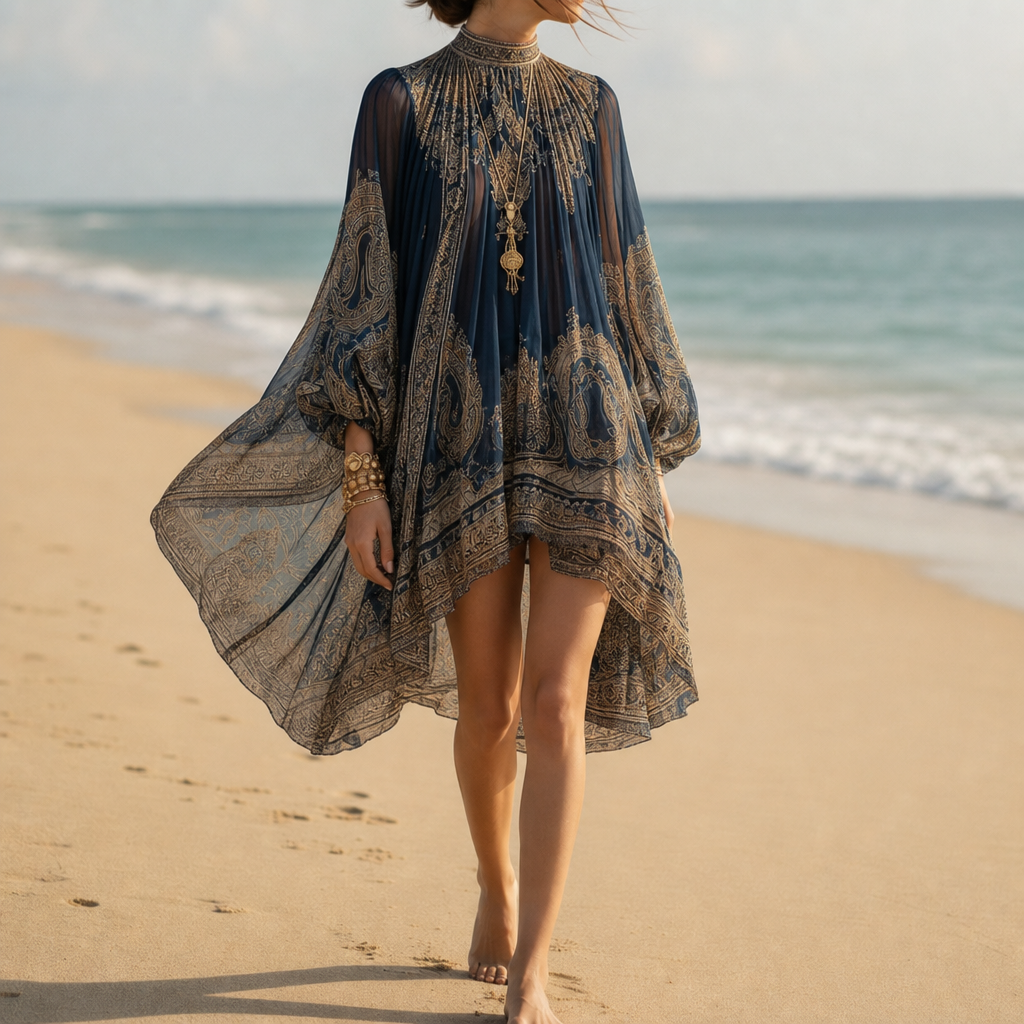 Amorgos Chiffon Asymmetric Mini Dress in Navy