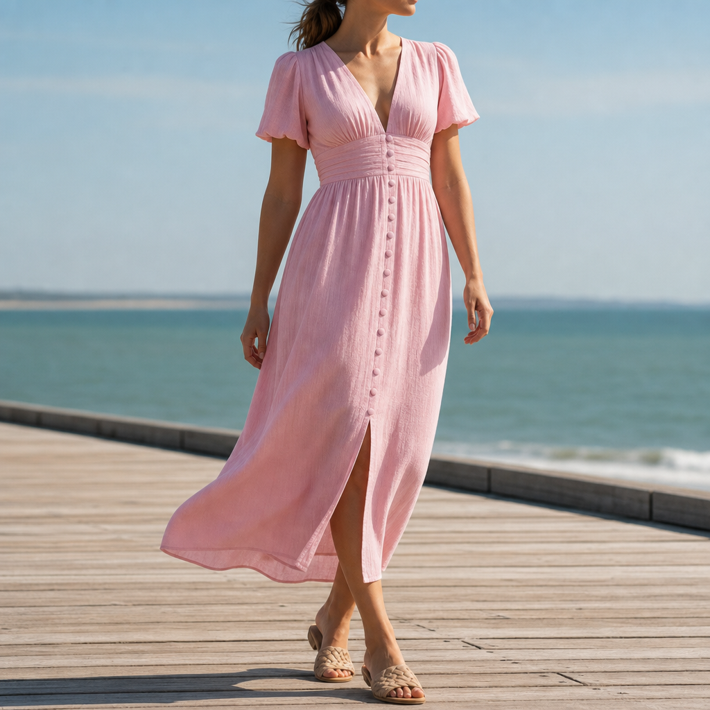 Cavtat Ruched Waist Midi Dress in Pink