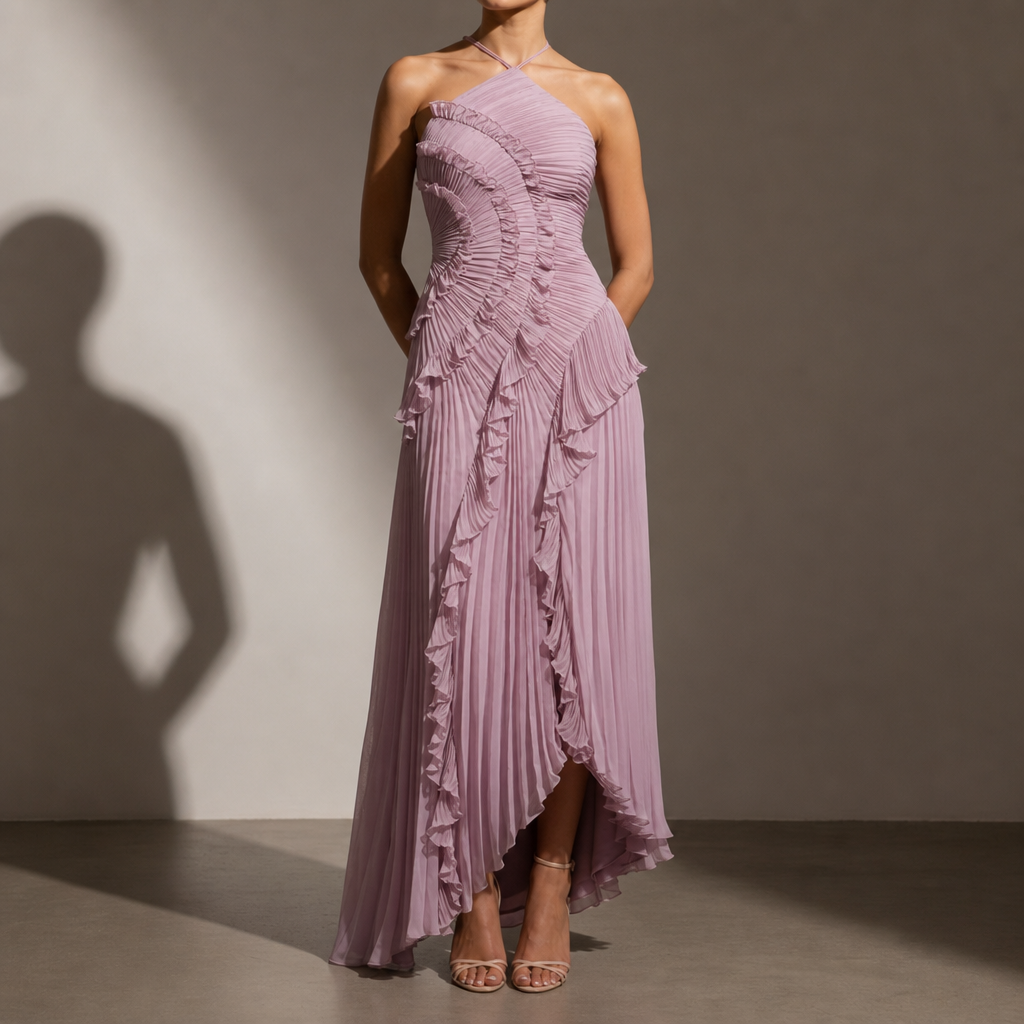 Beaulieu Pleated Ruffle Halter Dress in Pink