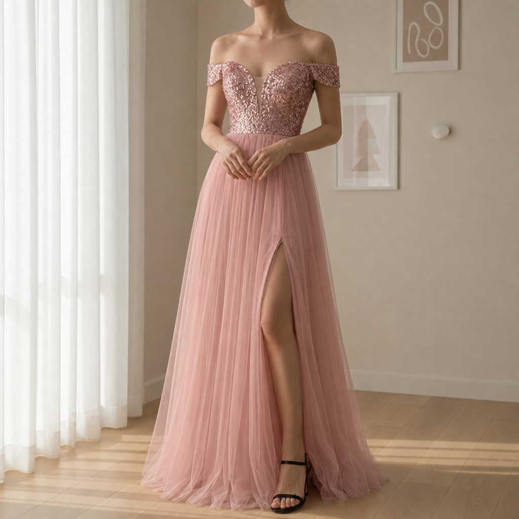 Nimes Sequin Tulle Maxi Dress in Pink