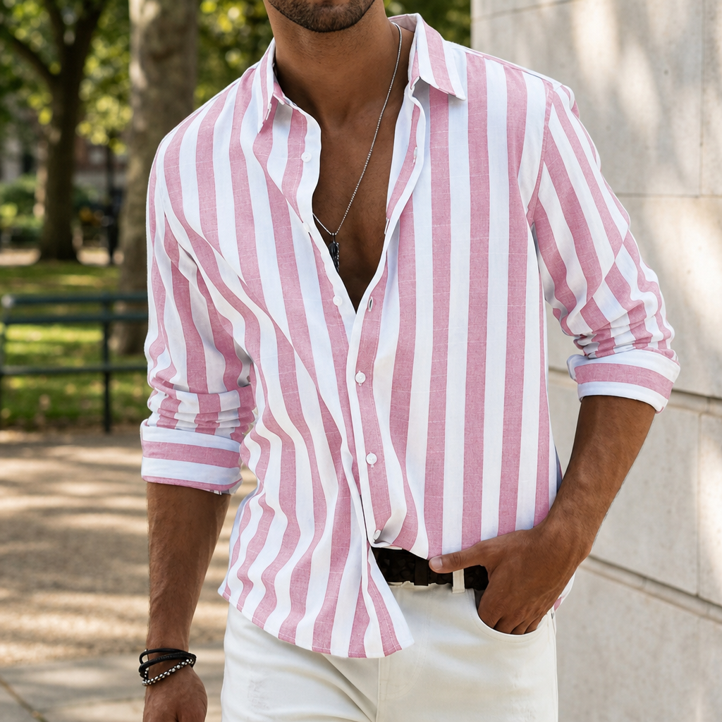Paphos Striped Linen Casual Shirt in Pink