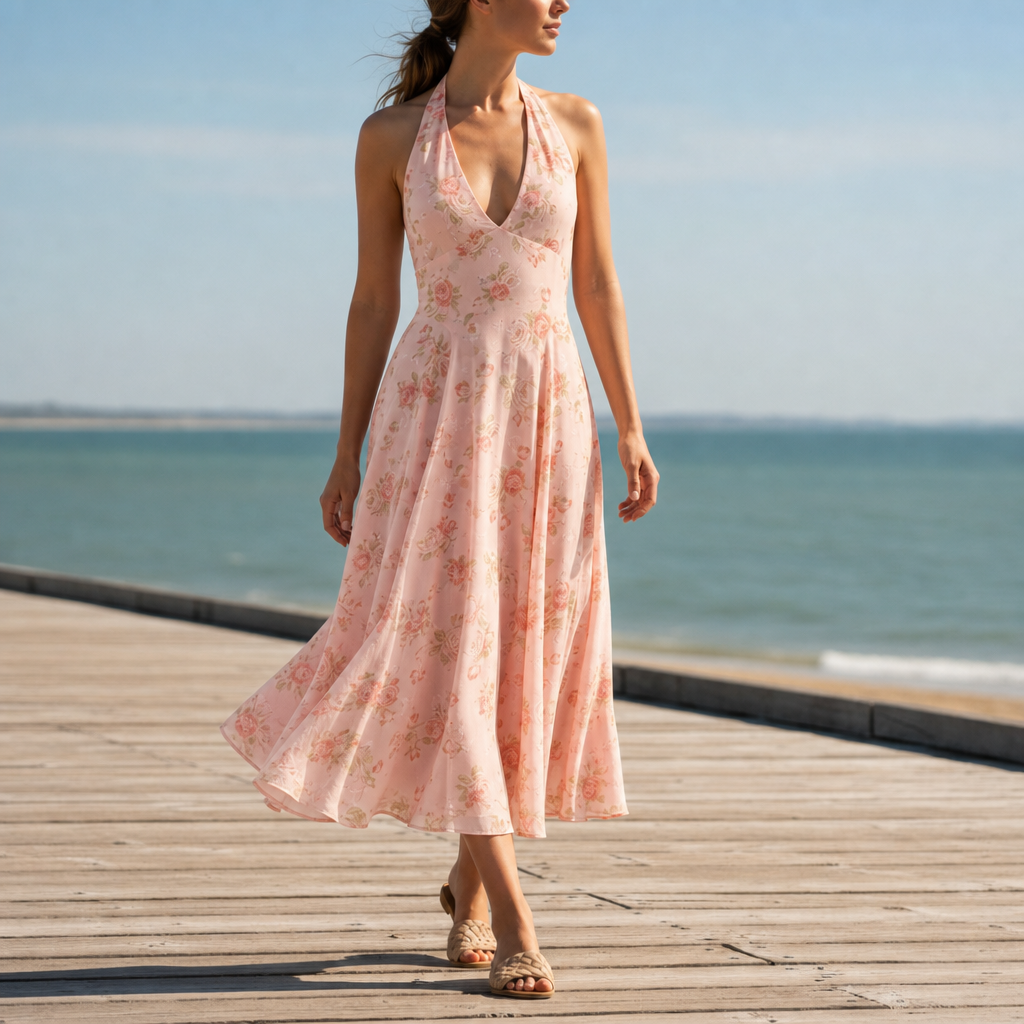 Collioure Floral Halter Midi Dress in Pink
