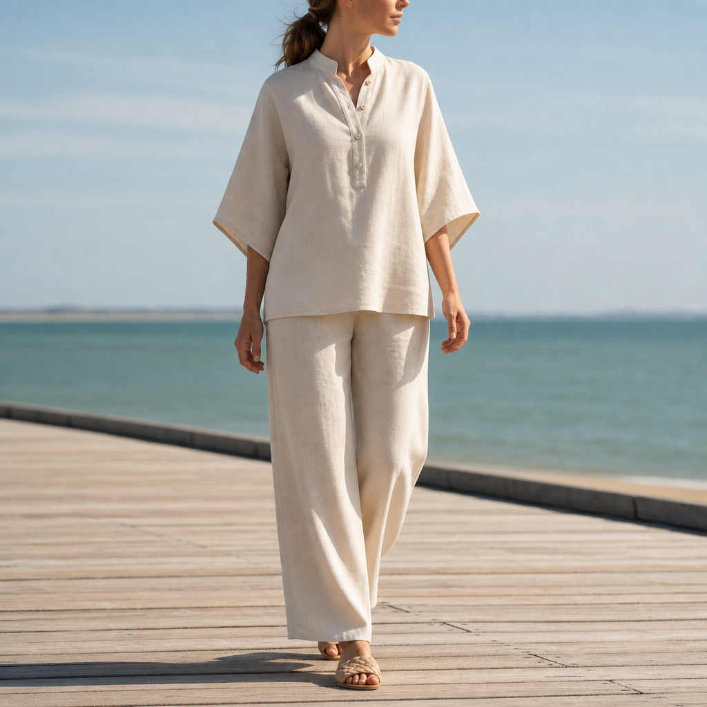 Kakopetria Linen Kimono Sleeve Set in Sand