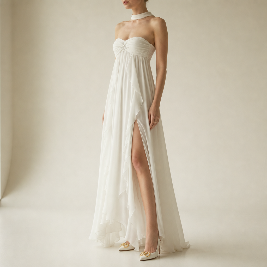 Tavira Chiffon Boho Maxi Dress in White