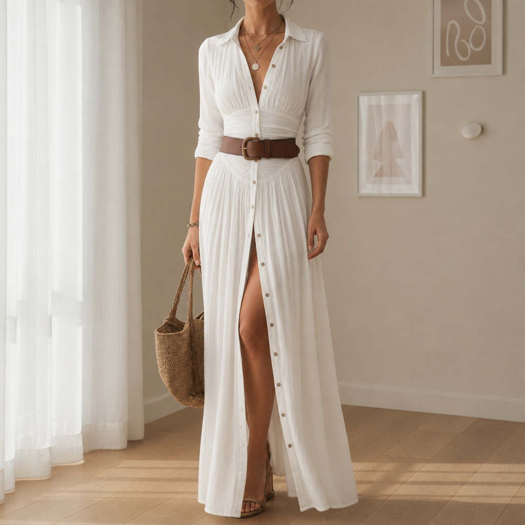 Milos Belted Button-Front Maxi Dress in White