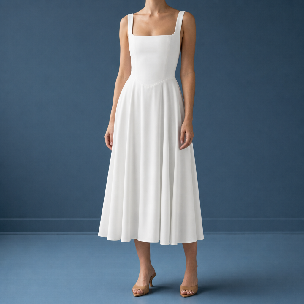 Tavira Square Neck Fit & Flare in White