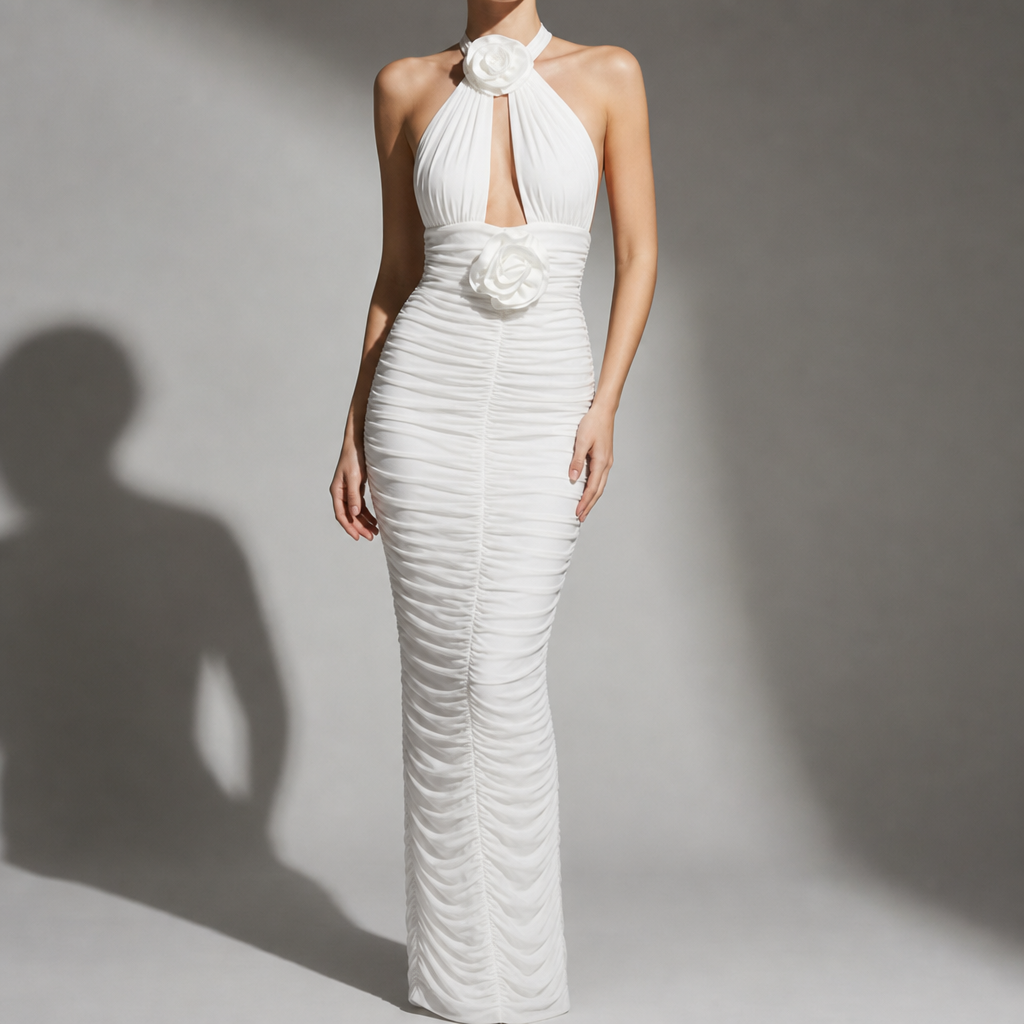 Hondarribia Ruched Halter Maxi Dress in White