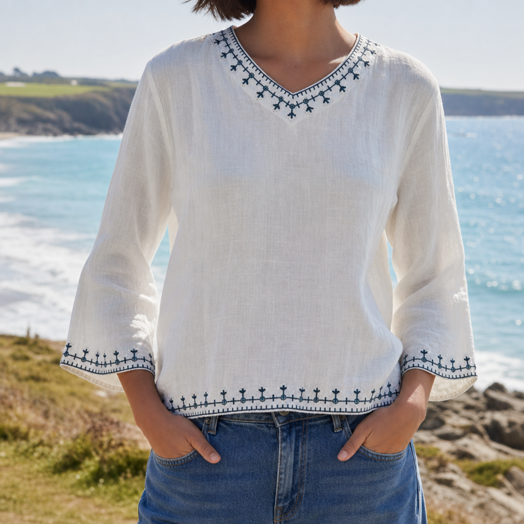 Merano Embroidered Linen Blouse in White