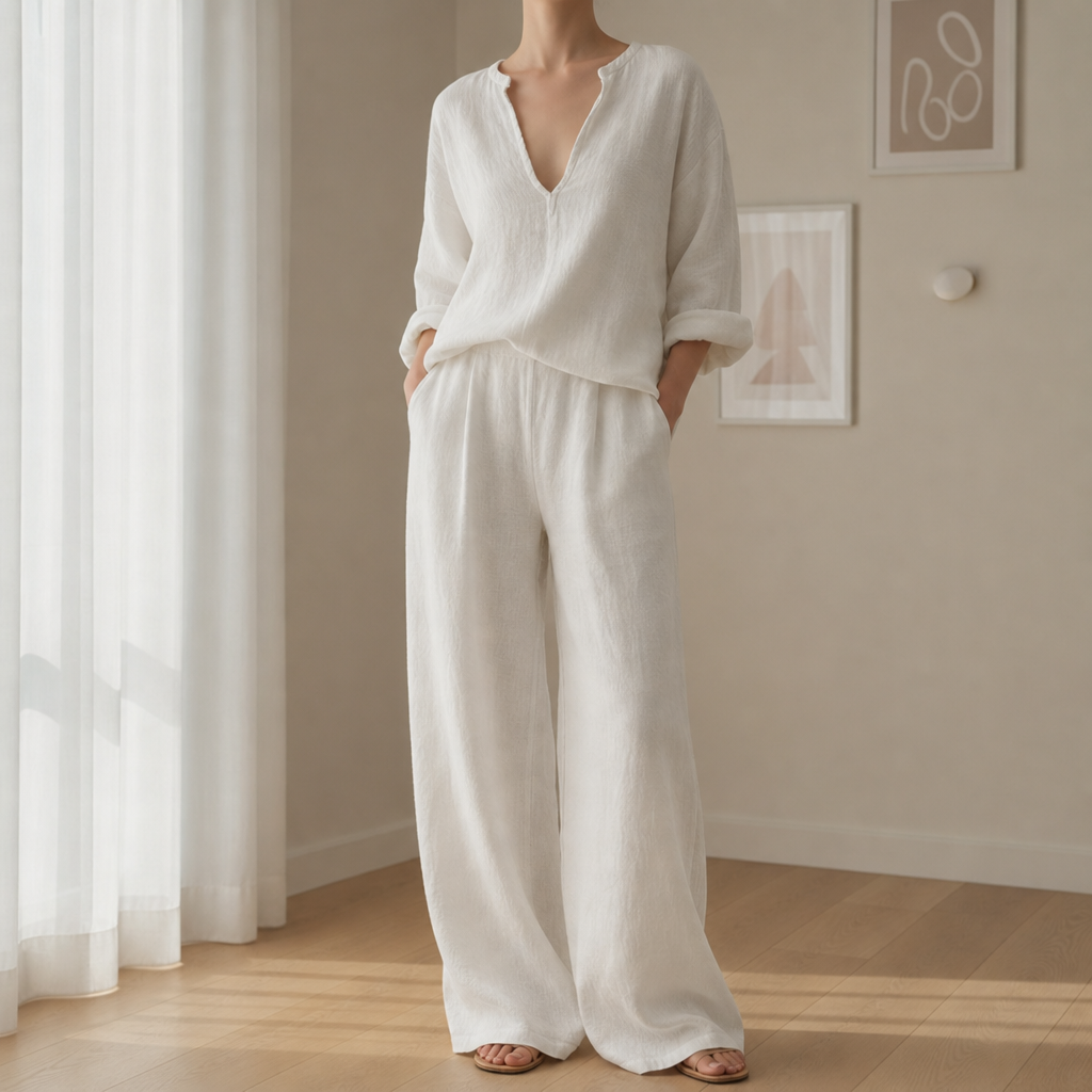 Menerbes Linen Wide Leg Set in White