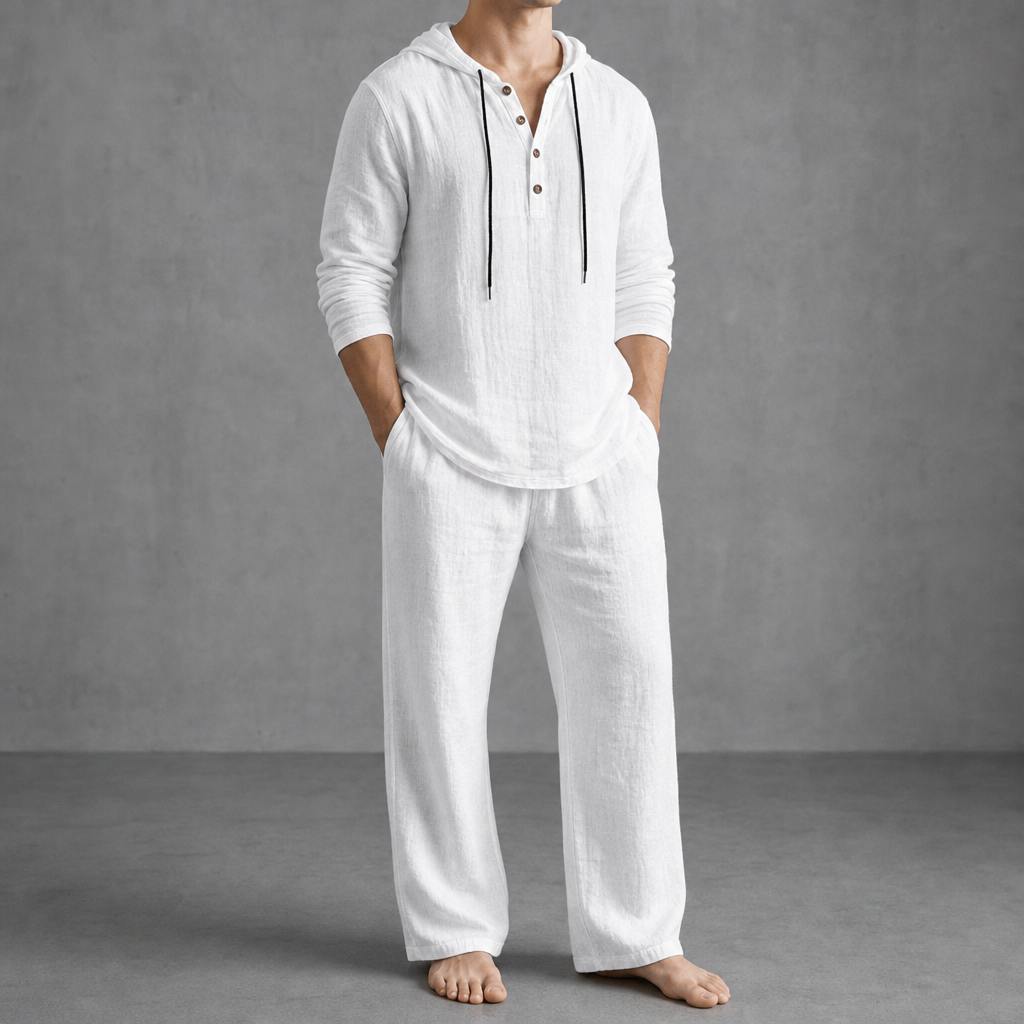 Folegandros Hooded Henley Linen Set in White