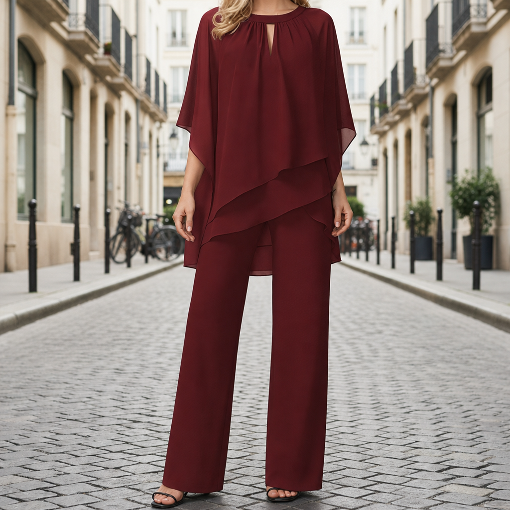 Otranto Chiffon Layered Pants Set in Wine Red