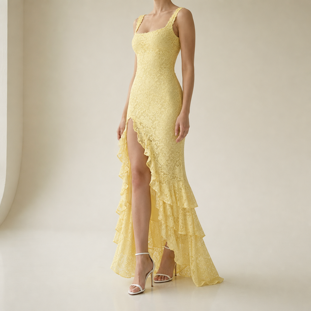 Ravello Lace Ruffle Maxi Dress in Yellow