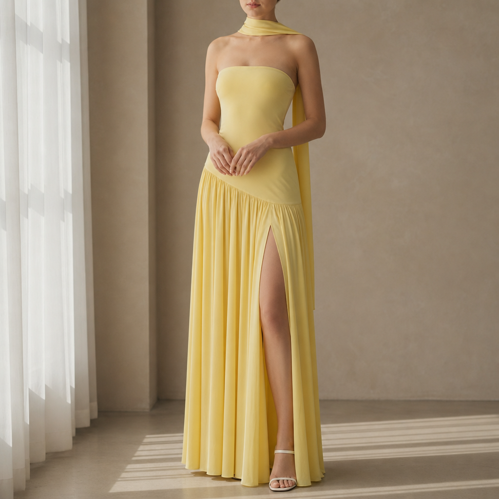 Segovia Strapless Halter Maxi Dress in Yellow