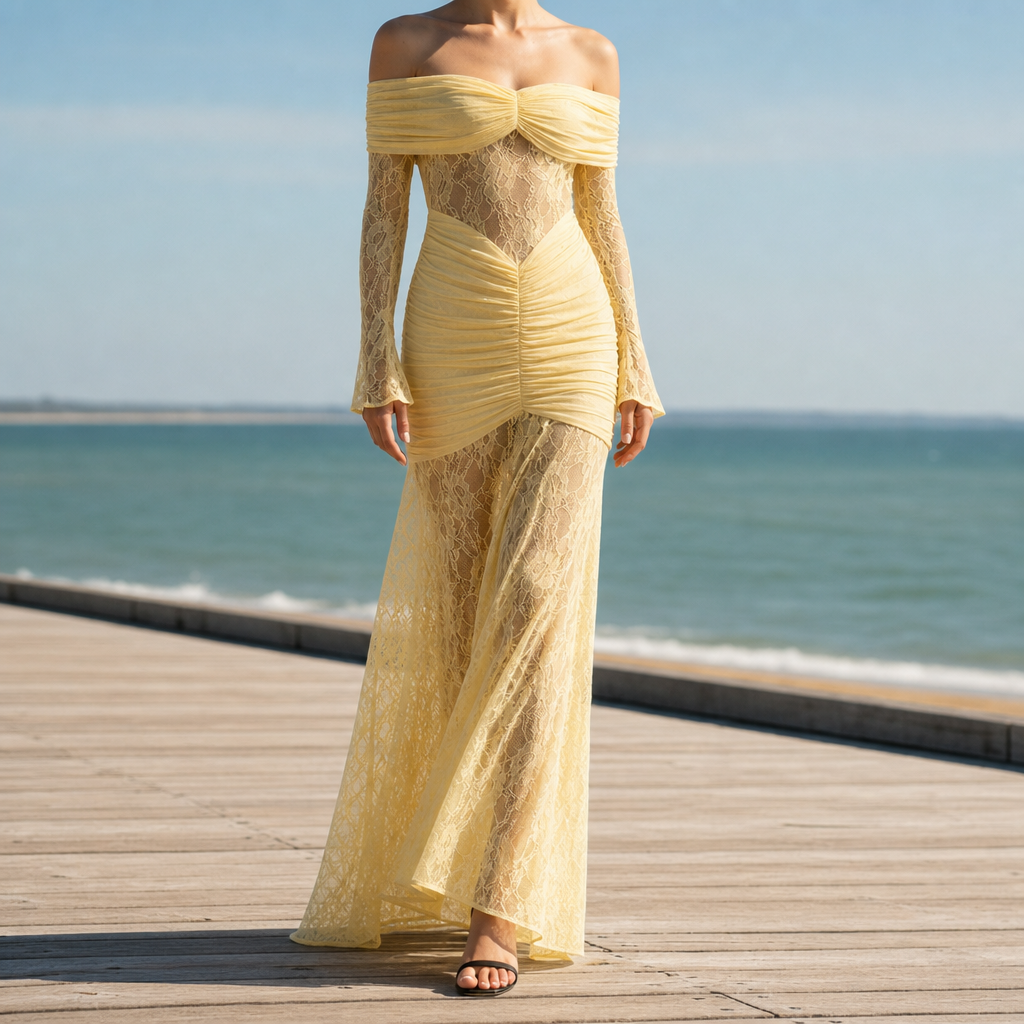 Portovenere Lace Off-Shoulder Maxi Dress in Yellow