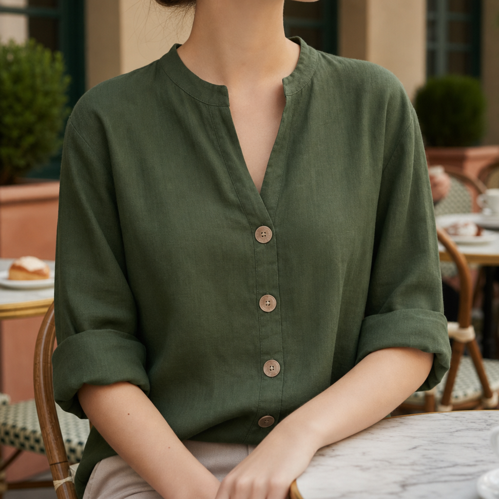 Montalcino Linen Button-Up Blouse in Army Green