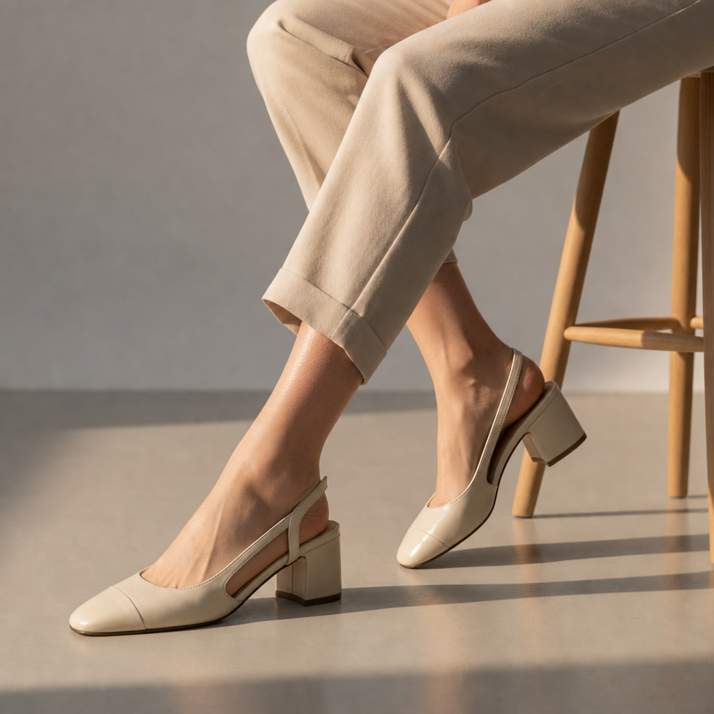 Patmos Leather Slingback Block Heels in Beige