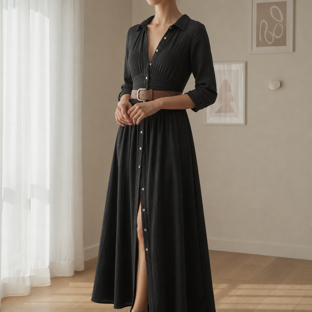 Milos Belted Button-Front Maxi Dress in Black