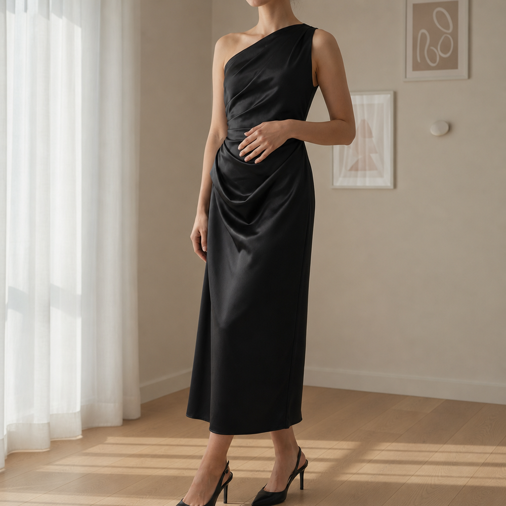 Valletta Ruched Satin Midi Dress in Black