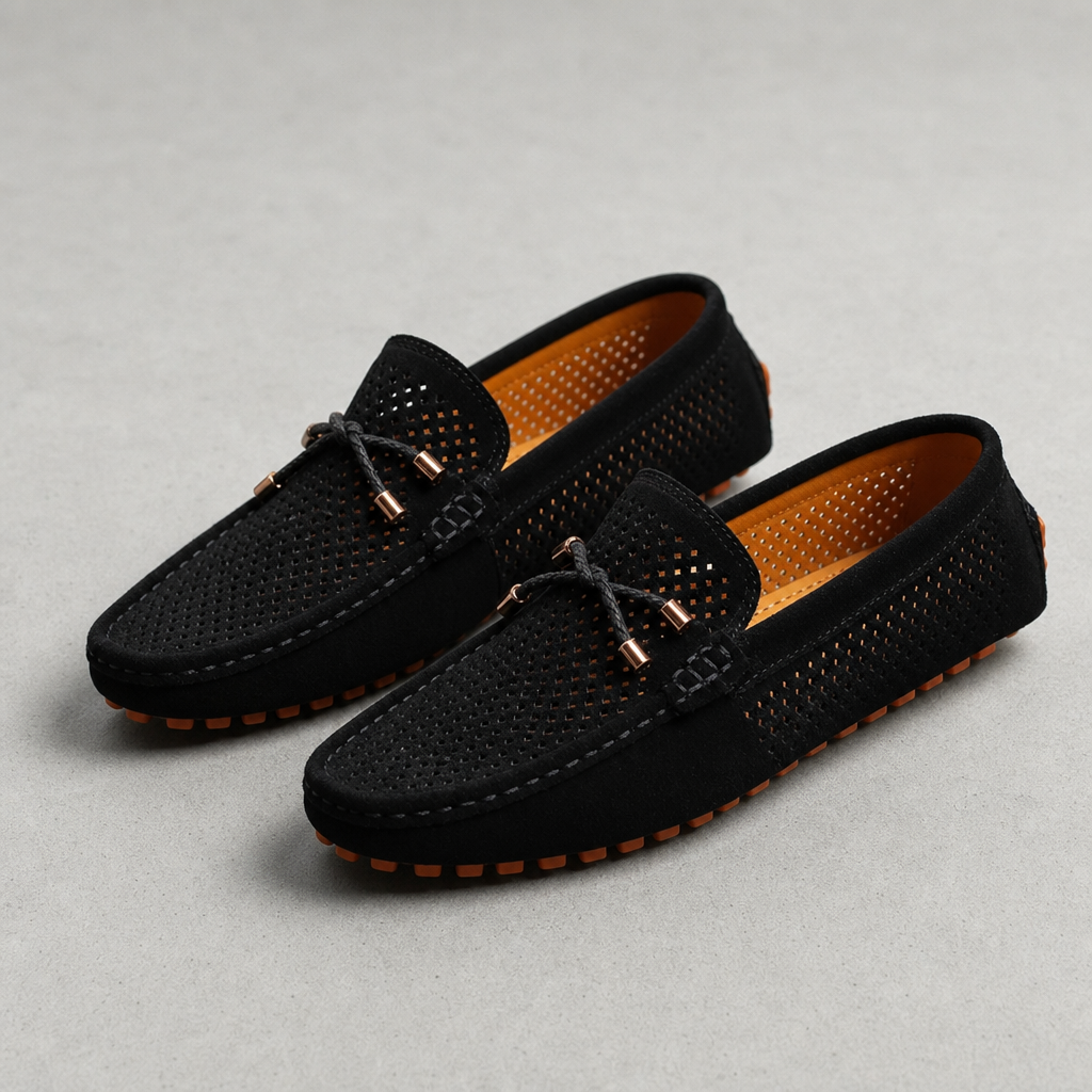 Andros Perforated Suede Loafers in Black
