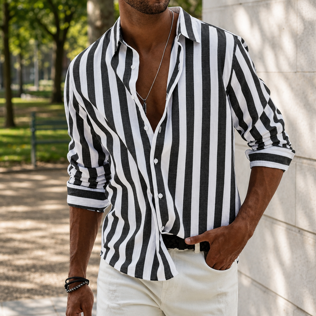 Paphos Striped Linen Casual Shirt in Black
