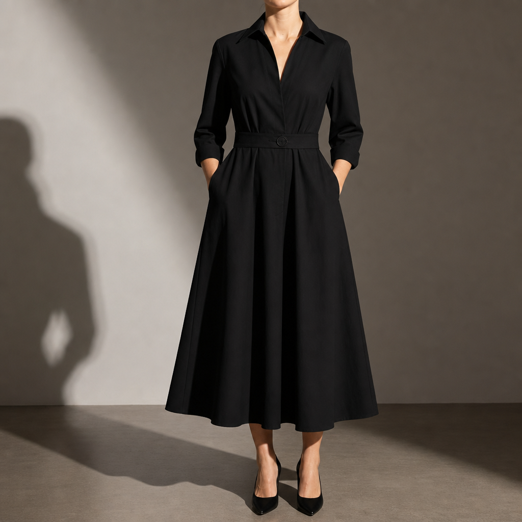 Antiparos Belted Shirt Midi Dress in Black