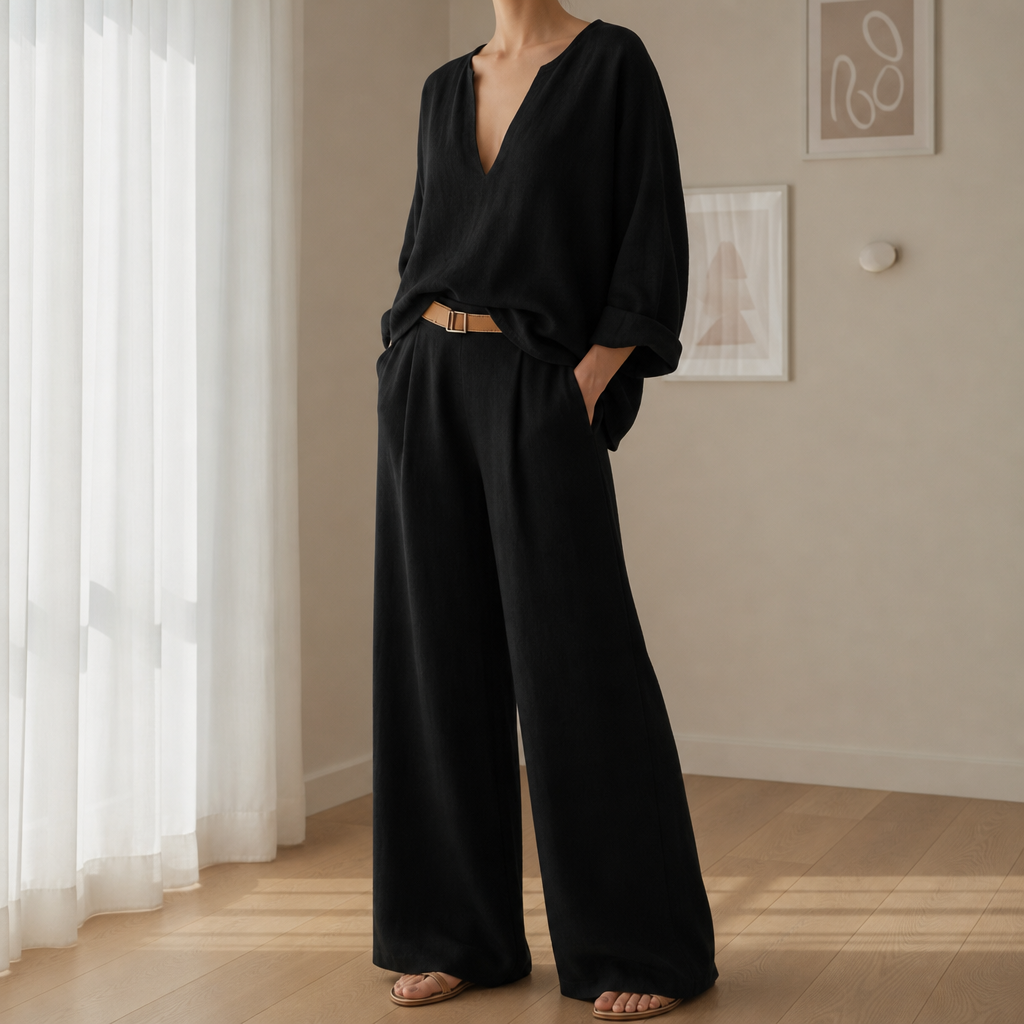 Menerbes Linen Wide Leg Set in Black