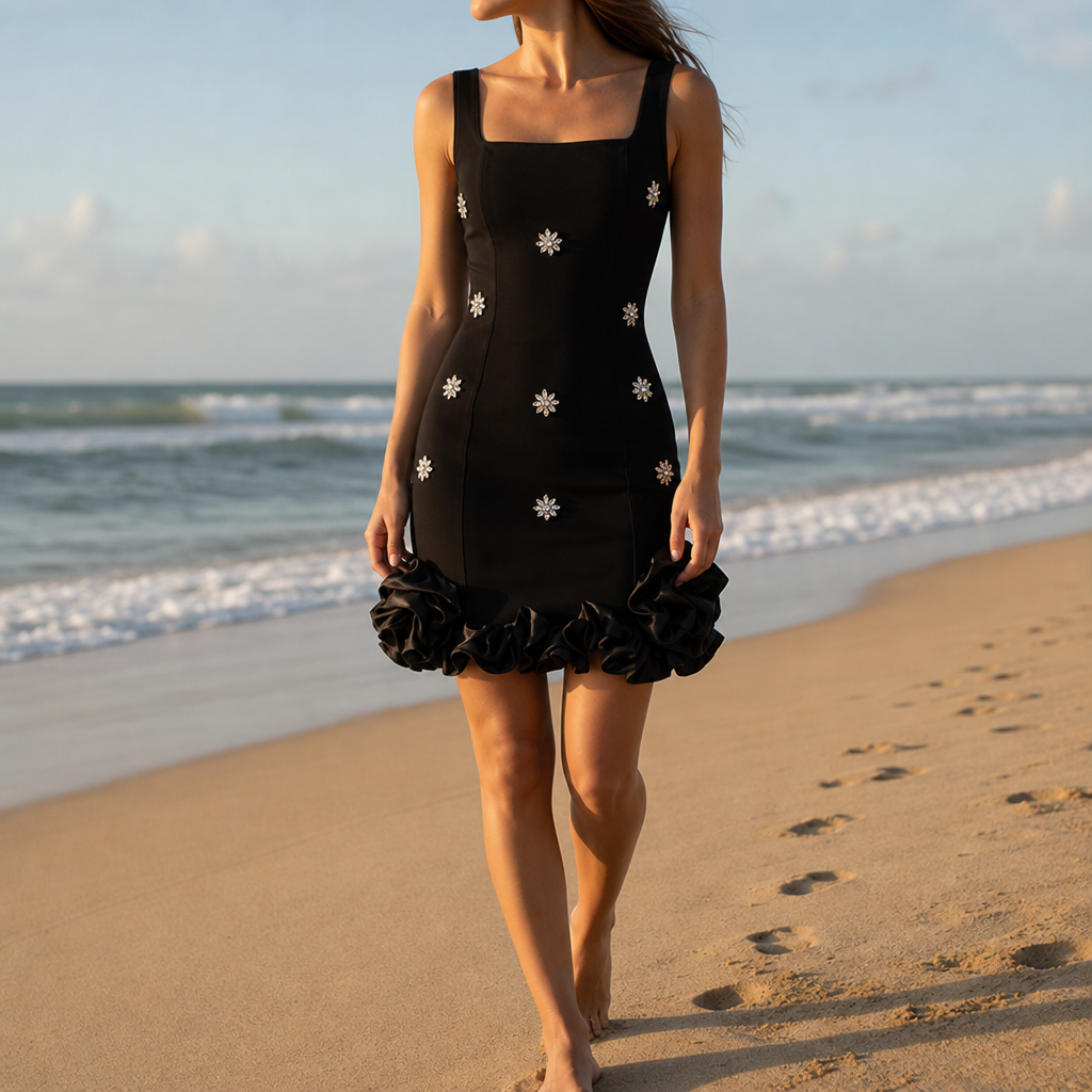 Mdina Crystal Ruffle Mini Dress in Black