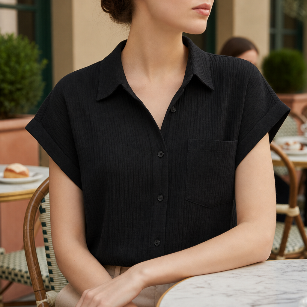 Larnaca Gauze Button-Down Shirt in Black