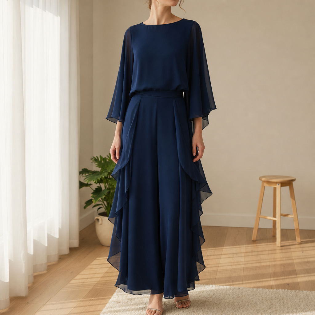 Santa Margherita Ruffle Chiffon Two-Piece Set in Navy Blue