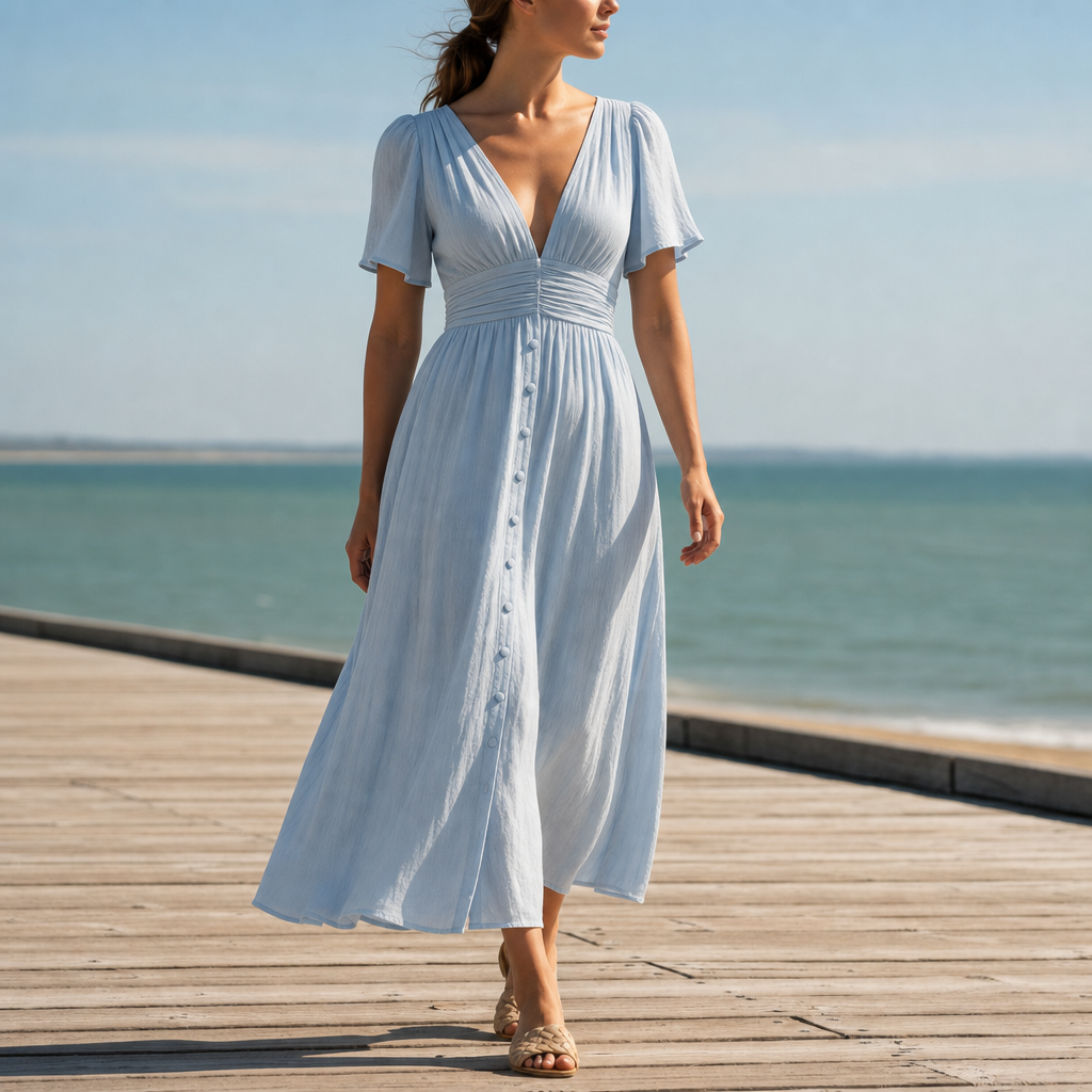 Cavtat Ruched Waist Midi Dress in Blue
