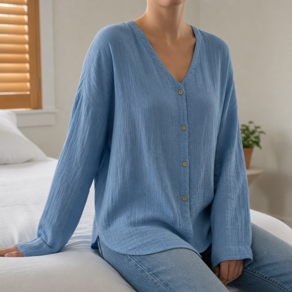 Formentor Linen Button-Up Blouse in Blue