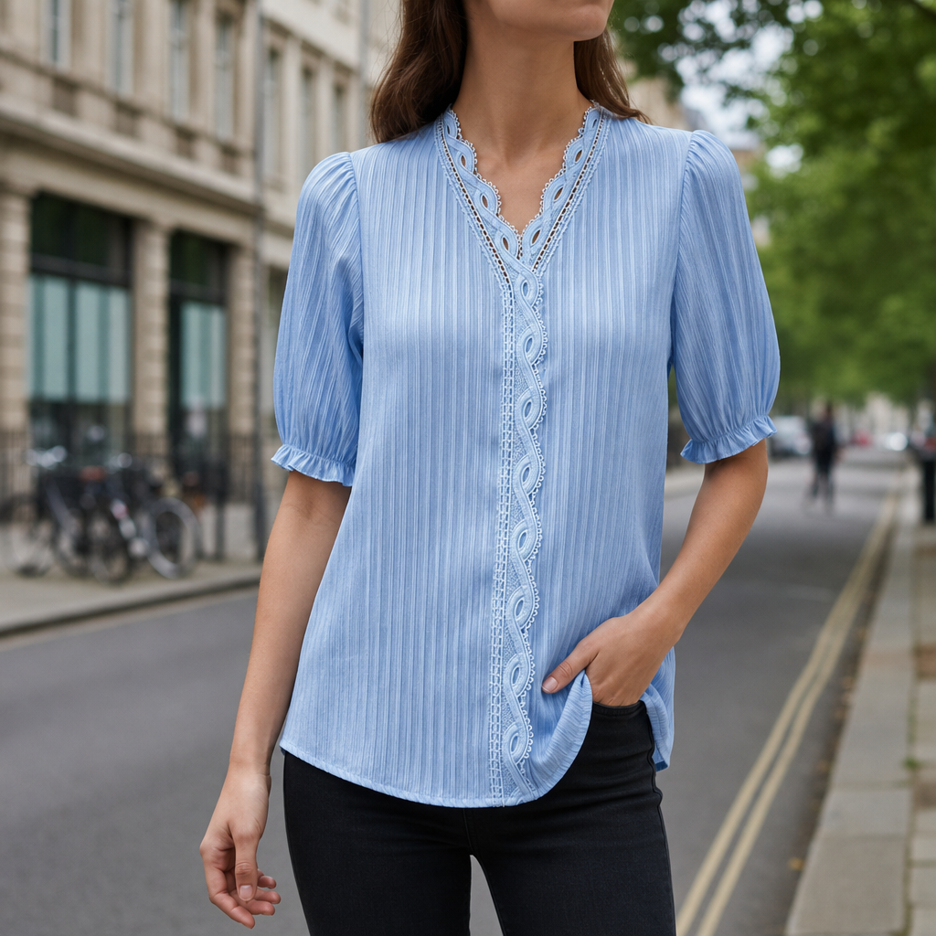 Antequera Lace Trim V-Neck Blouse in Blue