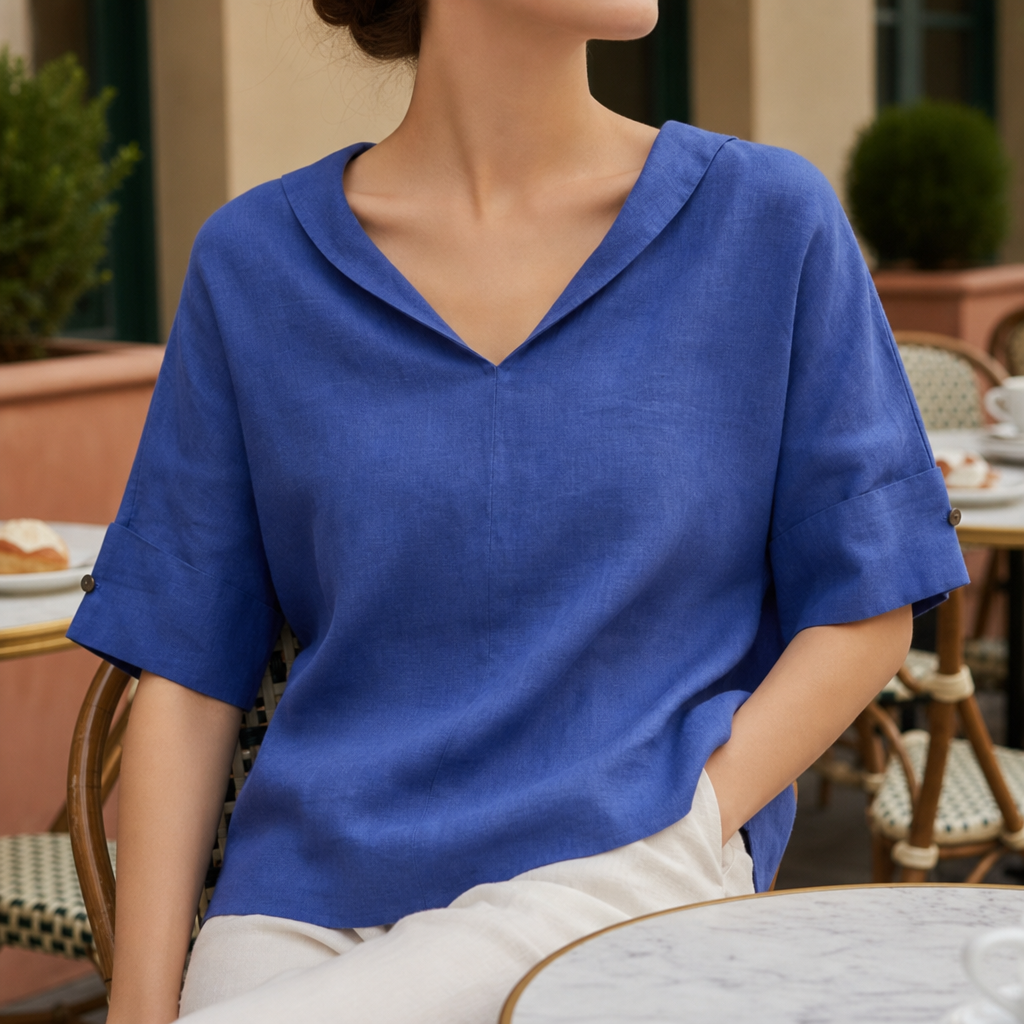 Naxos Linen V-Neck Blouse in Blue