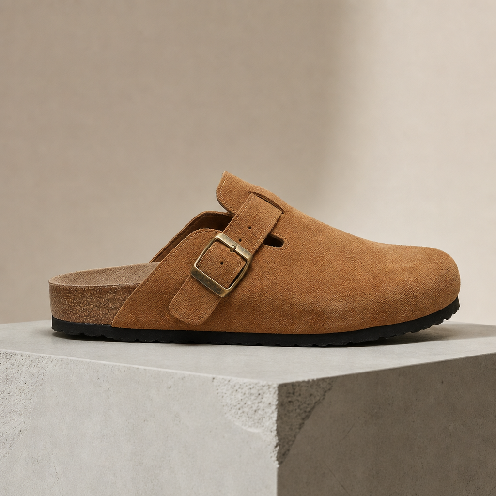 Nazare Suede Buckle Clogs in Cognac Brown