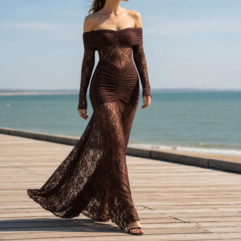 Portovenere Lace Off-Shoulder Maxi Dress in Brown