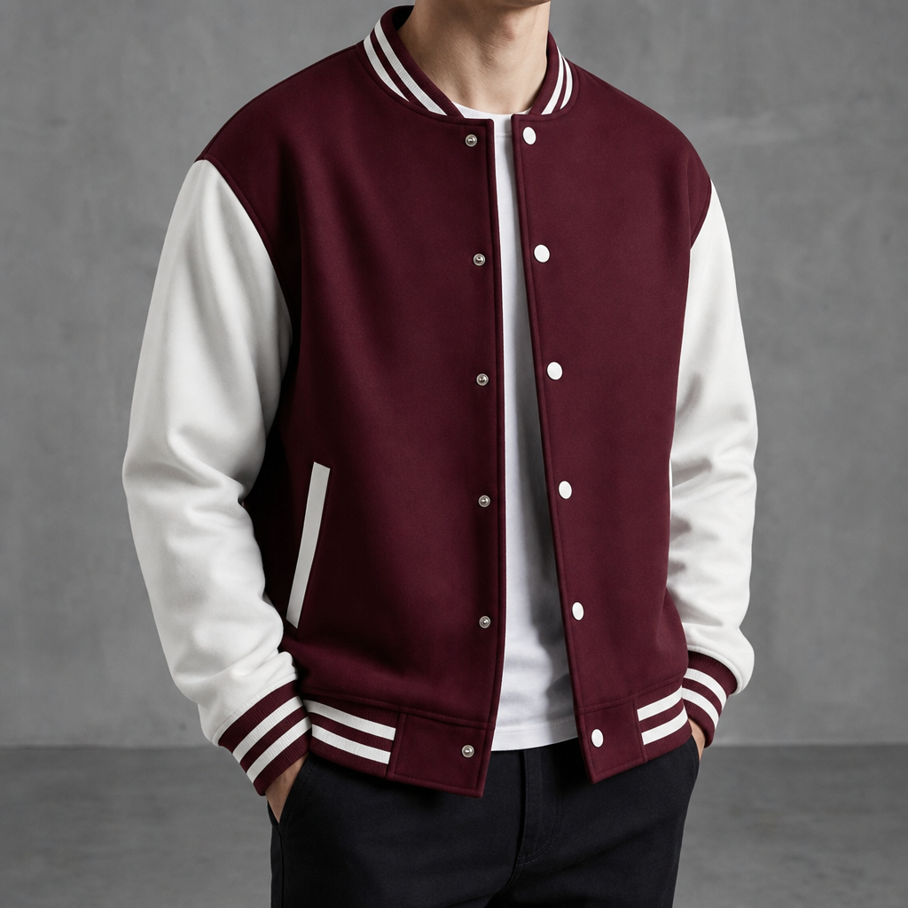 Ajaccio Contrast Sleeve Varsity Jacket in Burgundy