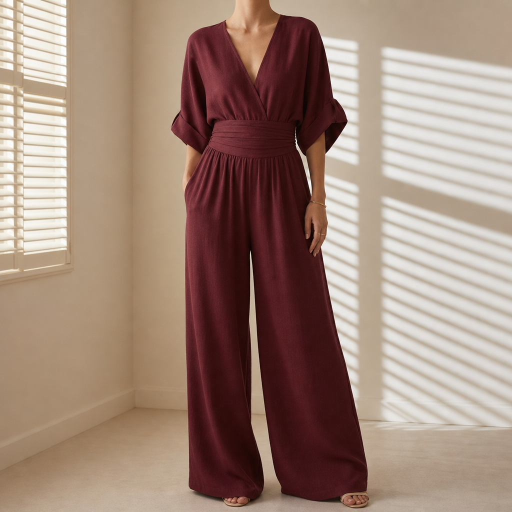 Siracusa V-Neck Wide-Leg Jumpsuit in Burgundy