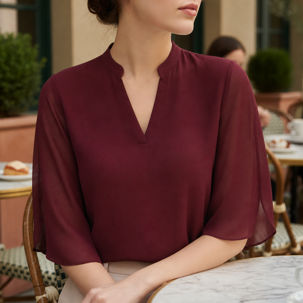 Milos Flared Sleeve Chiffon Blouse in Burgundy