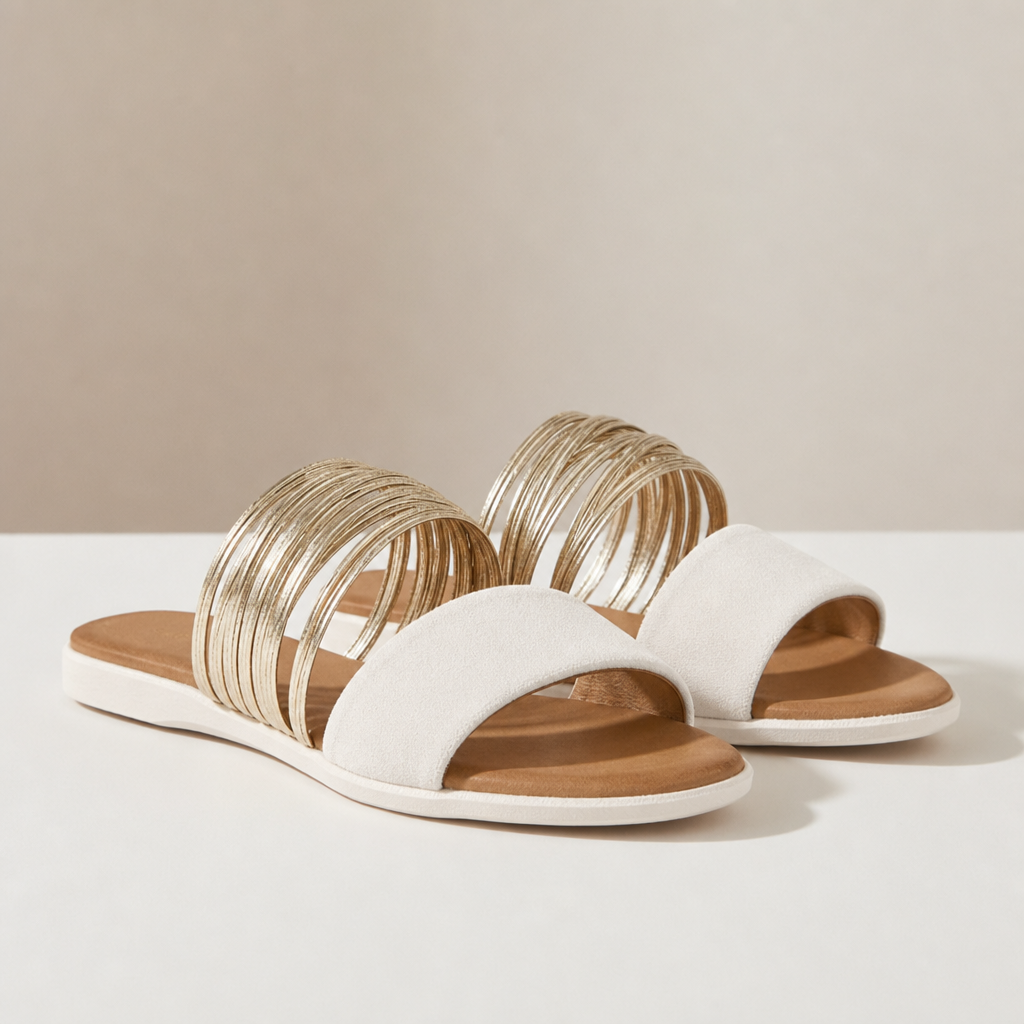 Birgu Gold Multi-Strap Slides in Cream White