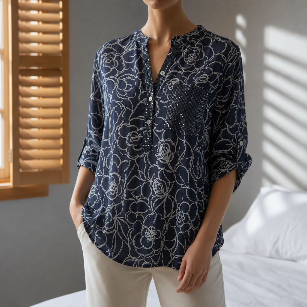 Astypalaia Floral V-Neck Blouse in Dark Blue