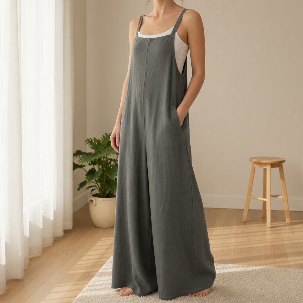 Corte Linen Bib Overall Jumpsuit in Dark Gray