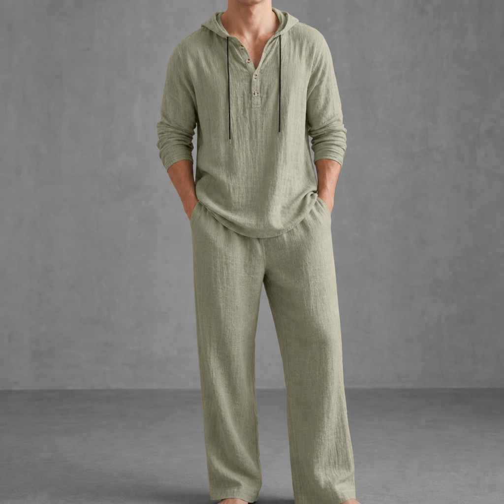 Folegandros Hooded Henley Linen Set in Green
