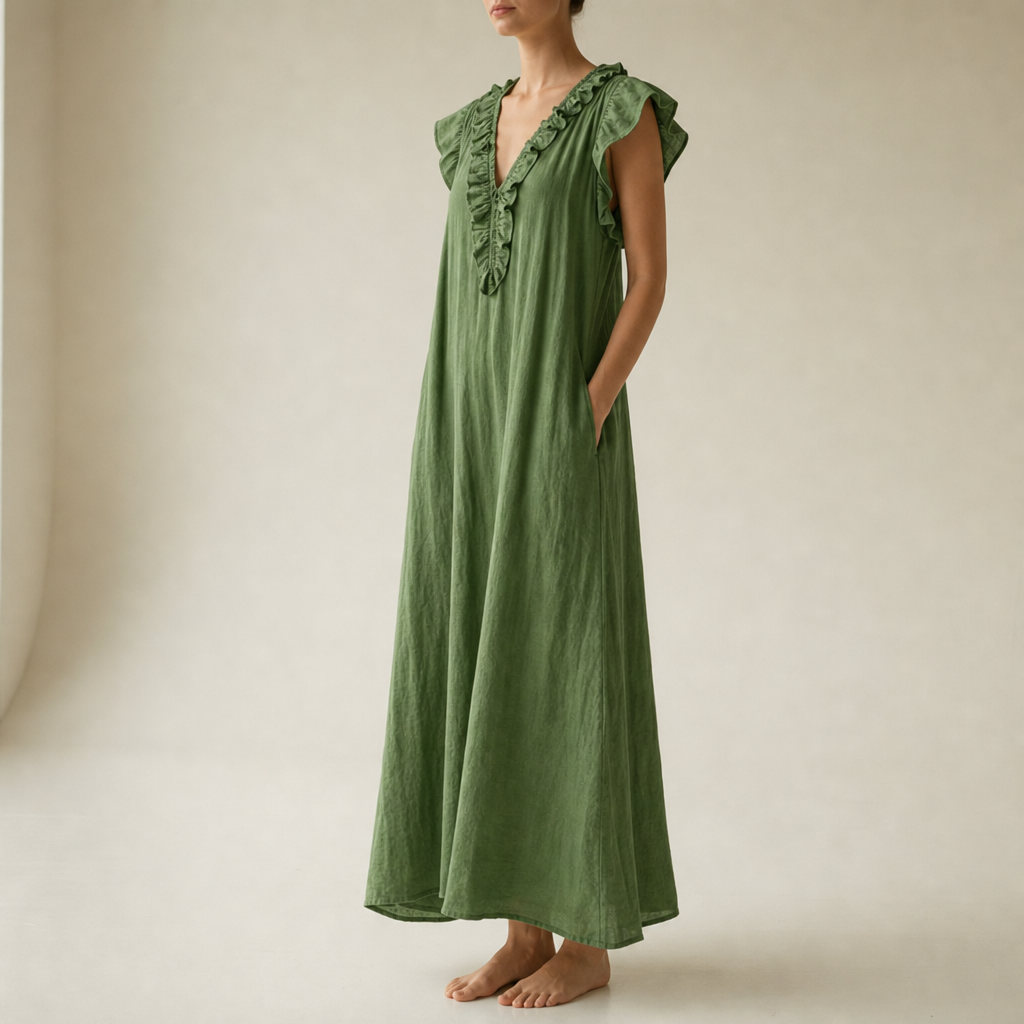 Hydra Ruffle V-Neck Maxi Dress in Green